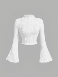 SHEIN MOD Women's White Plush T-Shirt With Flare Sleeves And Outer Seam Stitching, Fall And Winter Old Money Style Back To School Clothes Fall Tops Women T Shirt Fall Clothes