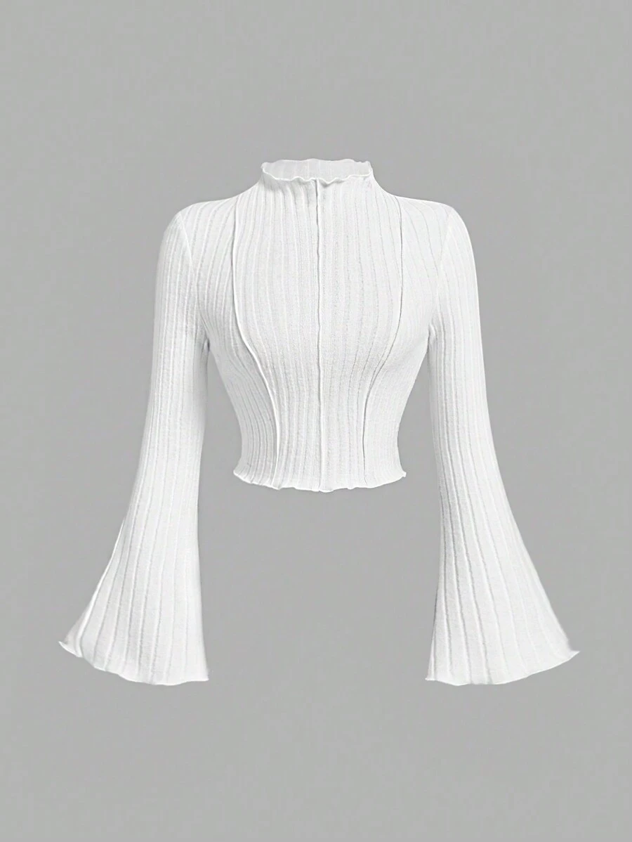 SHEIN MOD Women's White Plush T-Shirt With Flare Sleeves And Outer Seam Stitching, Fall And Winter Old Money Style Back To School Clothes Fall Tops Women T Shirt Fall Clothes