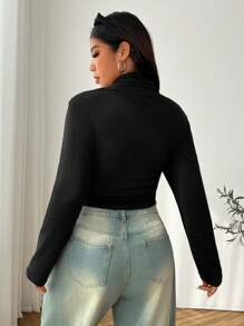 SHEIN EZwear Áo cổ lọ lót nhiệt cơ bản tay dài màu đen cạp chun cỡ lớn cho nữ, mùa đông - màu đen - Xem 2