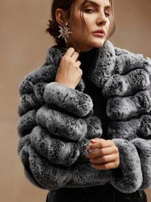 Anewsta Short Length Black & Faded Dual Color Embossed Fuzzy Jacket, Women Cold-Proof Coat