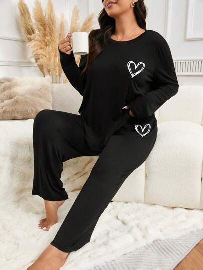 Plus Size Women Simple Heart Print Long Sleeve Top & Pants Pajamas Set, Outfits  Cozy And Elegant Details, Fall Winter Clothes