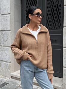 EURMUSE Woman Zipper Collar Loose Fit Comfy Warm Sweater - Camel - View 4