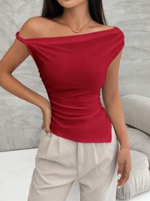 Firerie Women's Asymmetrical Shoulder Ruched Asymmetrical Hem Summer T-Shirt