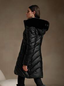 Anewsta Women's Mid-Length Detachable Hood And Fur Collar Slim Fit Padded Coat