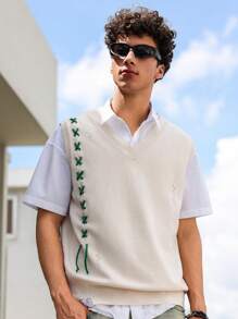 Manfinity Roghcode Manfinity Hypemode 男士系带侧毛衣背心，适合夏季返校季 - 杏色 - 查看 5