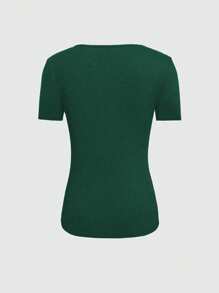 INAWLY 女士夏季纯色圆领镂空短袖休闲 T 恤 - 墨綠色 - 查看 2