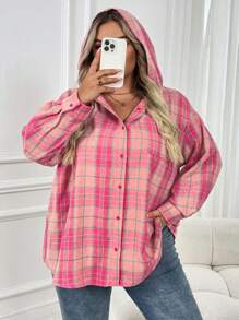 SHEIN CURVE+ 大码格子印花落肩连帽衬衫 - 彩色 - 查看 3