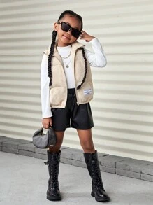 SHEIN Gilet matelassé sans manches à col montant en couleur unie tricoté, avec appliqué de lettre, pour jeune fille - Kaki - Voir 11