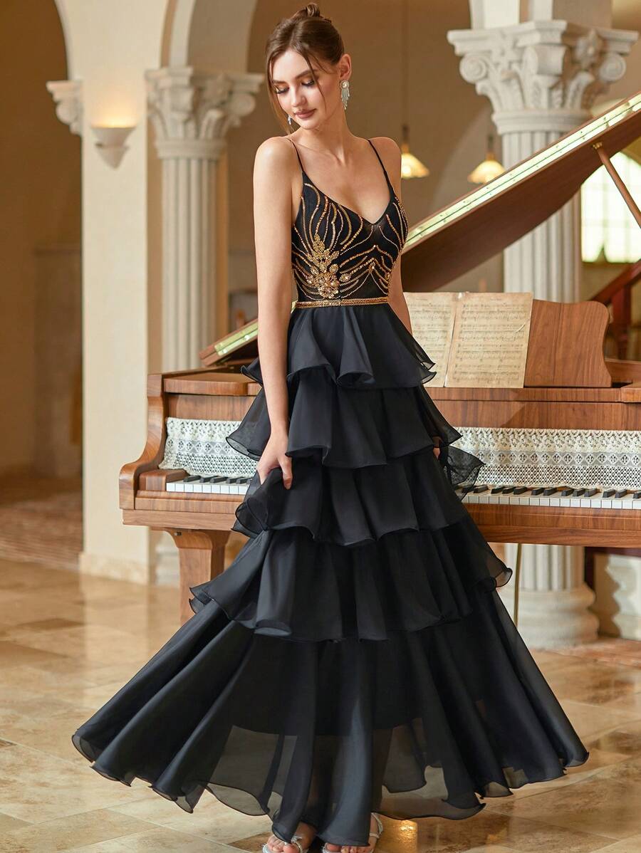 Vestido sexy maxi de chiffon con tirantes finos y detalles de volantes recortados Mandarina Tallas Grandes