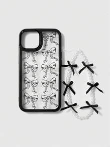 ROMWE Kawaii 1pc Black Bow Decor Pearl Bracelet, Black Bow Phone Case Compatible With IPhone 11 12 13 14 15 Pro Max