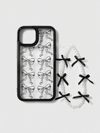 Kawaii 1 pieza Brazalete con perlas y decoración de lazo negro, Funda de teléfono con lazo negro compatible con iPhone 11 12 13 14 15 Pro Max