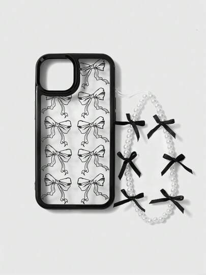 Kawaii 1 pièce Bracelet perle avec décor nœud noir, Coque de téléphone avec nœud noir compatible avec iPhone 11 12 13 14 15 Pro Max