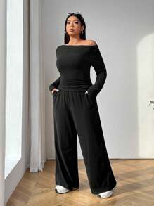 SHEIN EZwear 女士黑色长袖T恤和长裤两件套加大码针织套装 - 黑色 - 查看 6