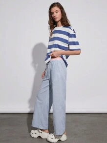 SHEIN EZwear Pantalones anchos tejidos con rayas azules y cuadros rosas de estilo informal para mujer con ajuste holgado