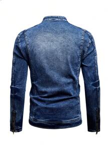 Manfinity LEGND Chaqueta vaquera azul desteñida de hombre, estilo techwear liso, corte ajustado, chaqueta de motociclista oscura, para salir, chaqueta vaquera de hombre