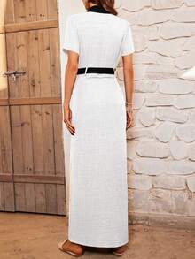 SHEIN LUNE 襯衫領彩色拼接短袖中長款連衣裙 - 白色 - 查看 2