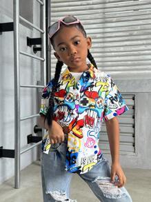 SHEIN 年轻女孩宽松编织涂鸦印花衬衫 - 彩色 - 查看 5