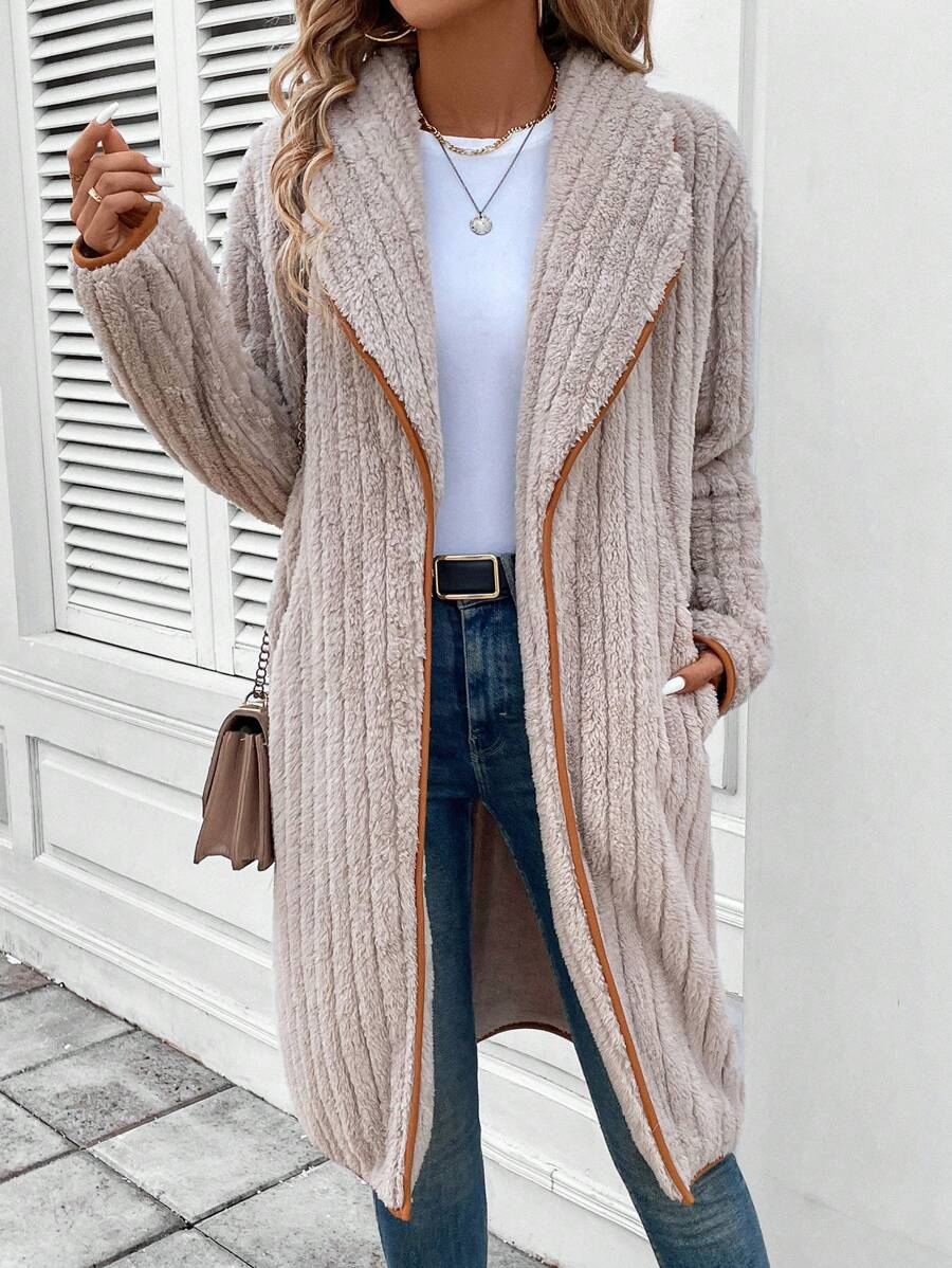 SHEIN LUNE 女式长袖保暖双面羊毛大翻领夹克，秋季 - 杏色 - 查看 1