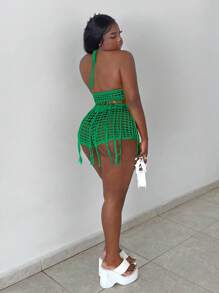 Slaydiva 2pcs/Set Women's Vacation Beach V-Neck Spaghetti Strap Crochet Openwork Fringed Camisole And Crochet Openwork See-Through Shorts, Green ,Crochet Outfits Two Pieces