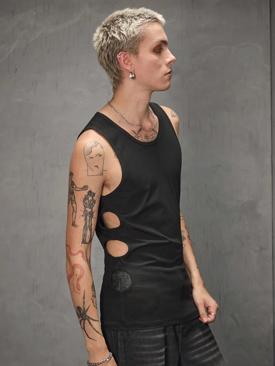 Manfinity VCAY Maglietta casual da uomo aderente, senza maniche, con scollo a girocollo e design traforato, adatta per l'estate - nero - Visualizzare 1