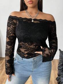 SHEIN EZwear Plus Size Women Simple Off-Shoulder Lace Blouse - Black - View 5