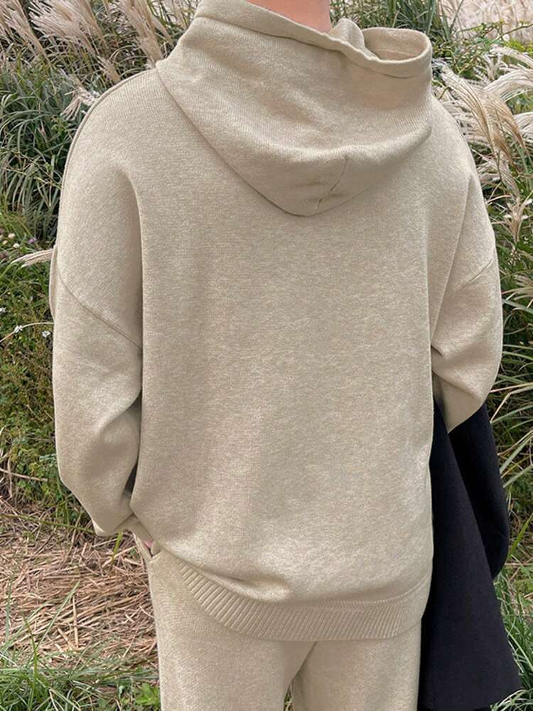 2pcs Men's Casual Solid Color Hooded Sweater And Knit Long Pants Set, Autumn