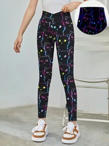 SHEIN Tween Girl's Tight Casual Fluorescent Cute Cat Printed Crossed-Waist Leggings - Black - View 7