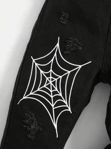 SHEIN Baby Boy Distressed Individuality Printed Street School Black Jeans, For Halloween Party - Black - View 6