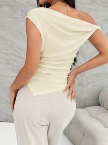 Firerie 女士休闲不对称肩部褶皱下摆夏季 T 恤