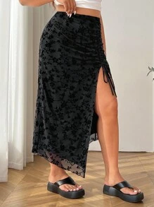 SHEIN EZwear Falda negra de talla grande para mujer con estampado floral, corte con abertura lateral, cordón ajustable en dobladillo