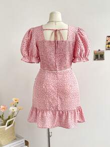Soleia Plus Size Summer Casual Polka Dot Printed Puff Sleeve Shirt And Ruched Skirt Two-Piece Set - Dusty Pink - View 2