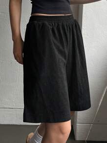 DAZY 女式宽松时尚纯色灯芯绒短裤 - 黑色 - 查看 1