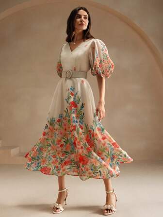 Anewsta Women's Vacation Floral Print Puff Sleeve Fitted Dress Maxi Women Outfit