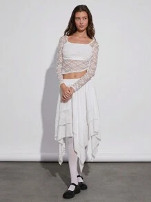 SHEIN EZwear Spring/Summer Sexy Fashion White Lace Floral Asymmetrical Hem Slim Fit Long Sleeve Top With Square Neckline - White - View 3