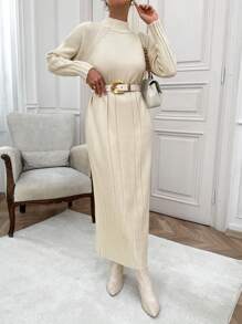 EURMUSE Women High Neck Drop Shoulder Cool Cozy Long Maxi Sweater Dress - Beige - View 4