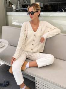 RueChic Women V-Neck Front Button Rhinestone Detailed Drop Shoulder Cardigan - Beige - View 5