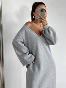 SHEIN Unity 简约 V 领口袋装饰运动衫连衣裙 - 灰色 - 查看 4