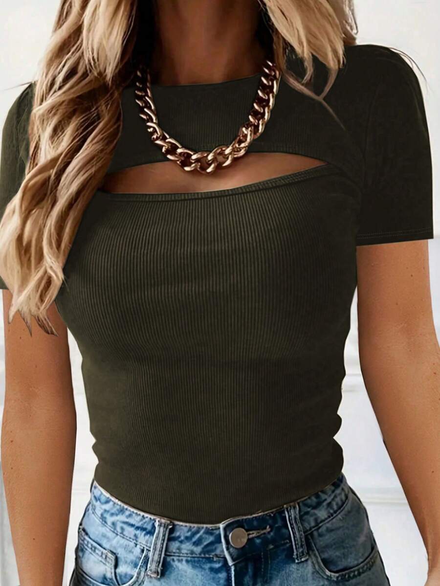 INAWLY Áo thun nữ tay ngắn cổ tròn màu trơn khoét rỗng - xanh quân đội - Xem 1