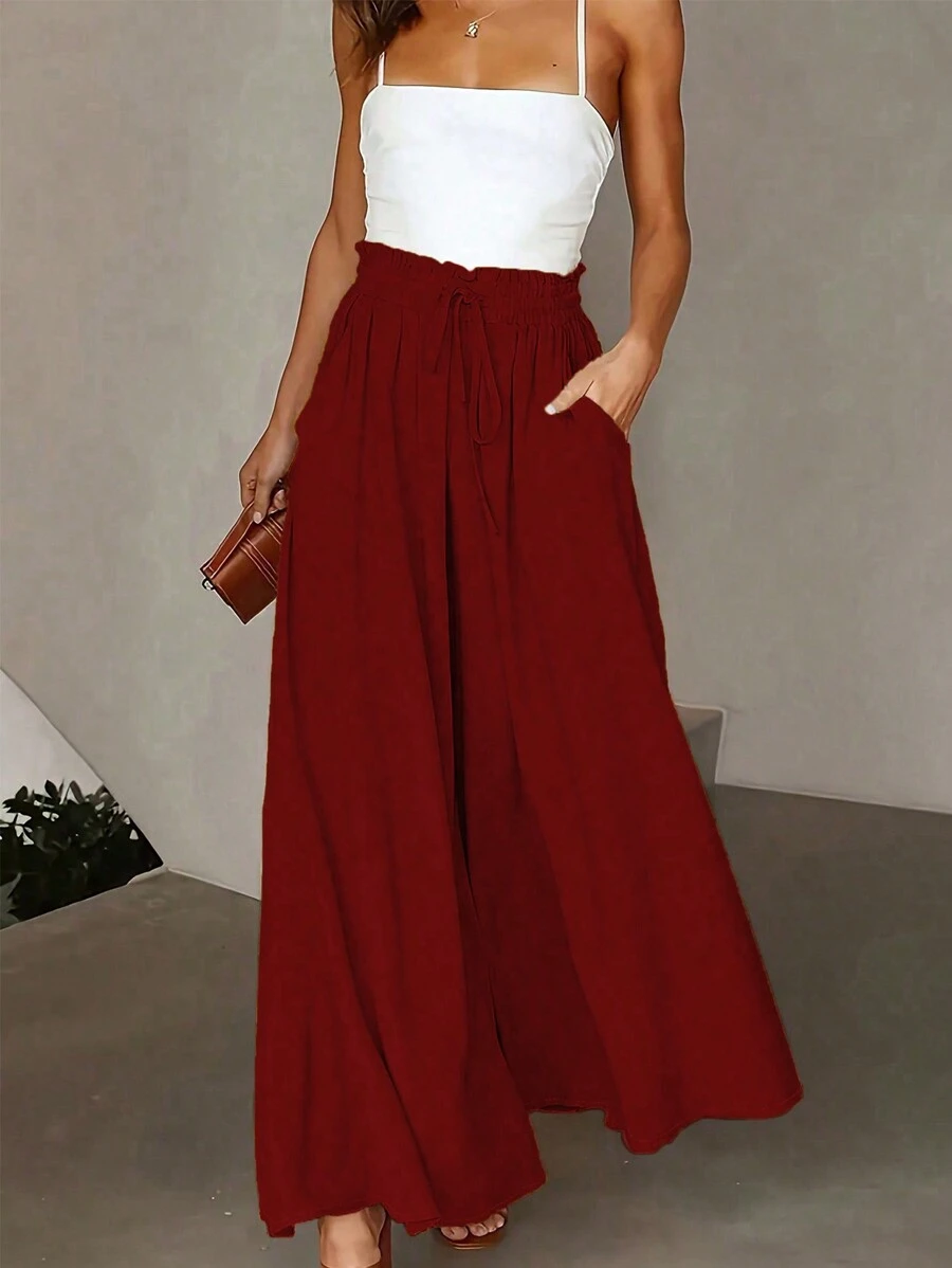 Calvaya 女士纯色纸袋腰口袋优雅阔腿裤新年衣服 - 紅色 - 查看 1