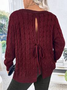 Calvaya Plus Size Women's Solid Color Simple Everyday Pullover Sweater With Back Ribbon Tie