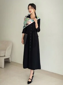 DAZY 女式纯色前扣开衩长款优雅黑色衬衫裙，秋季服装 - 黑色 - 查看 12