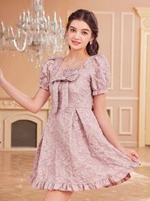 SHEIN Vestido de niña adolescente con mangas abullonadas, tejido jacquard y gran moño decorativo