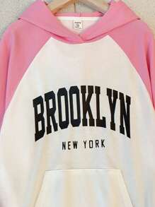 SHEIN Moletom com capuz colorblock para menina adolescente com estampa de fonte em inglês, casual