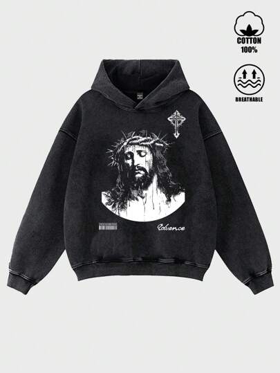 Manfinity ZONE917 Men's Oversize Street-Style Vintage Creative Letter Cross Pattern Black Long Sleeve Hooded Sweatshirt, Street Wear Black Vacation Graphic Rapper Hoodie, For Friends, Husband, Boyfriend Gifts, Jesus Hoodie, Black Graphic Hoodie, God Hoodie
