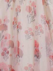 Floral Mesh Overlay Printed Skirt - Pink - View 3