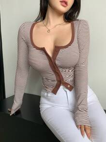 DAZY Lässiges, simples Kontrast-Farbiges U-Ausschnitt Slim Fit Crop Top, Langarm, Herbstmode für Frauen