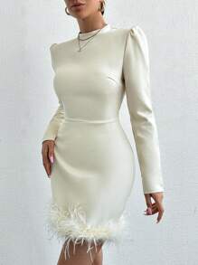 EURMUSE Women's Puff Sleeve Fuzzy Hem Long Sleeve Dress - Beige - View 4