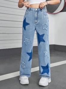 SHEIN Explorewe Teenage Girls' Fashionable Washed Flare Jeans With Star Embroidery - Medium Wash - View 4