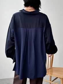 FRIFUL 女士纯色落肩长袖宽松休闲衬衫，春夏秋装 - 藏蓝色 - 查看 9