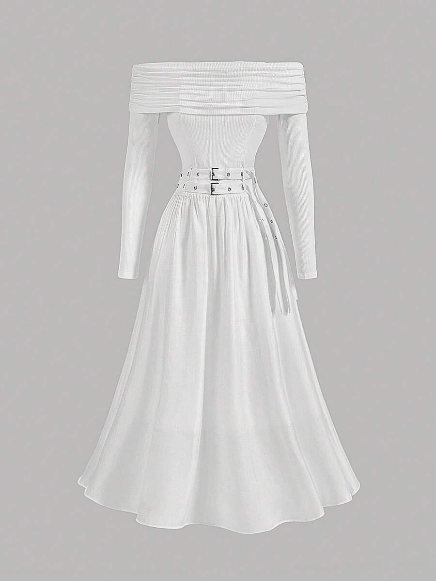 SHEIN MOD Abito lungo ed elegante bianco in materiale esotico a una spalla, abito autunnale, per uscire, per il ritorno a scuola, abbigliamento autunnale da donna, per uso interno ed esterno, abito da tea festa, outfit per addio al nubilato, carnevale - Bianco - Visualizzare 1